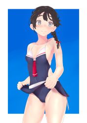Rule 34 | 1girl, adapted costume, bad id, bad pixiv id, black hair, black skirt, blue background, blue eyes, border, braid, breasts, casual one-piece swimsuit, cleavage, clothes lift, collarbone, commentary request, cowboy shot, hair over shoulder, highres, kantai collection, kooka kenji, lifted by self, long hair, looking at viewer, medium breasts, one-piece swimsuit, shigure (kancolle), single braid, skirt, skirt lift, solo, swimsuit, two-tone background, white border