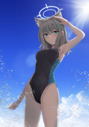 Rule 34 | 1girl, animal ear fluff, animal ears, black one-piece swimsuit, blue archive, blue eyes, blue sky, breasts, cloud, competition swimsuit, covered navel, cowboy shot, cross hair ornament, extra ears, grey hair, hair down, hair ornament, halo, highres, looking at viewer, medium breasts, medium hair, mismatched pupils, multicolored clothes, multicolored swimsuit, one-piece swimsuit, shiroko (blue archive), shiroko (swimsuit) (blue archive), sky, solo, standing, swimsuit, teina