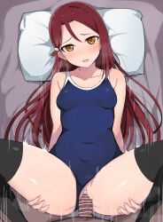 Rule 34 | 1boy, 1girl, absurdres, black thighhighs, blue one-piece swimsuit, blush, breasts, censored, commentary, competition school swimsuit, covered navel, hair ornament, hairclip, hetero, highres, holding legs, long hair, looking at viewer, love live!, love live! sunshine!!, medium breasts, one-piece swimsuit, open mouth, paid reward available, penis, pov, red hair, sakurauchi riko, school swimsuit, sex, solo focus, spread legs, swimsuit, thighhighs, vaginal, wewe, yellow eyes
