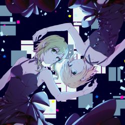 Rule 34 | 2girls, bad id, bad pixiv id, black dress, blonde hair, blue eyes, braid, breasts, chemical emotion (vocaloid), choker, cleavage, dark background, dress, earrings, frilled dress, frills, green eyes, green hair, gumi, highres, jewelry, kagamine rin, light particles, looking at viewer, lying, medium breasts, multiple girls, nightgown, on back, short hair, side braid, sidelocks, small breasts, strap, upside-down, vocaloid, wounds404