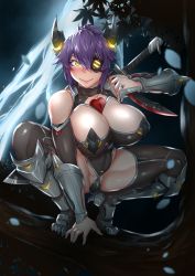 Rule 34 | 1girl, absurdres, bare shoulders, blush, breasts, chanary, cleavage, eyepatch, full body, glowing, hair between eyes, highres, in tree, jewelry, kantai collection, large breasts, looking at viewer, neon trim, outdoors, purple hair, ring, self-upload, short hair, smile, solo, squatting, tagme, taimanin (series), taimanin suit, tenryuu (kancolle), tree, wedding band