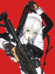 Rule 34 | 1girl, glasses, gloves, gun, gun sling, highres, holding, holding gun, holding weapon, looking at viewer, maid, maid headdress, minimi rc, red background, rifle, short hair, solo, weapon, white hair