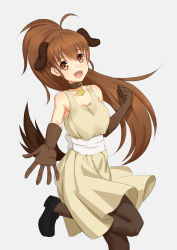 Rule 34 | 1girl, :d, ahoge, anarchojs, animal ears, back bow, bell, black footwear, blunt bangs, bow, breasts, brown eyes, brown gloves, brown hair, brown pantyhose, cleavage, collar, collarbone, dog ears, dog tail, dress, elbow gloves, floating hair, gloves, grey background, grey dress, hair between eyes, high ponytail, highres, leg up, loafers, long hair, medium breasts, neck bell, open mouth, outstretched arm, pantyhose, shoes, short dress, simple background, sleeveless, sleeveless dress, smile, solo, standing, standing on one leg, tail, taneshima popura, very long hair, white bow, working!!
