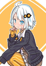 Rule 34 | 1girl, ahoge, alternate hair length, alternate hairstyle, arm on knee, black jacket, blue eyes, breasts, brown dress, closed mouth, collared dress, commentary request, dress, feet out of frame, fingerless gloves, from side, gloves, hair ornament, hand on own chin, hand up, highres, jacket, kizuna akari, large breasts, light blush, long sleeves, looking at viewer, looking to the side, orange background, pantyhose, raised eyebrows, short dress, short hair, solo, squatting, striped clothes, striped gloves, striped pantyhose, sweatdrop, takanashi yuki, two-tone background, vertical-striped clothes, vertical-striped gloves, vertical-striped pantyhose, vocaloid, voiceroid, wavy mouth, white background, white hair