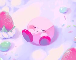 artist_request blush closed_eyes closed_mouth colored_skin crumbs food fruit happy highres icing kirby kirby&#039;s_dream_buffet kirby_(series) lying nintendo no_humans on_back on_food pink_skin red_footwear shadow shoes smile solo source_request sprinkles strawberry third-party_source