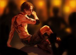 Rule 34 | 1boy, absurdres, brown hair, fire, freckles, gradient background, highres, jolly roger, male focus, one piece, portgas d. ace, shorts, sitting, solo, tattoo, topless male