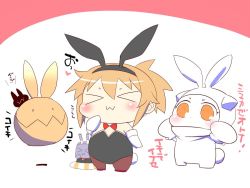 Rule 34 | 2girls, animal, animal costume, animal ears, animal hug, arms up, blonde hair, blush stickers, bow, bowtie, rabbit ears, chibi, comic, commentary request, elbow gloves, enemy aircraft (kancolle), closed eyes, fake animal ears, gloves, hairband, horns, kantai collection, mittens, multiple girls, northern ocean princess, orange eyes, playboy bunny, ponytail, rensouhou-chan, sako (bosscoffee), shimakaze (kancolle), smile, translation request