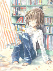Rule 34 | 1girl, arm support, azusayumi, barefoot, book, bookshelf, brown hair, curtains, denim, closed eyes, indoors, jeans, knees up, open book, original, pants, short hair, sitting, solo, wind
