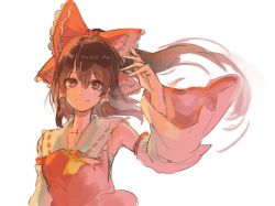 Rule 34 | 1girl, bow, breasts, brown eyes, brown hair, detached sleeves, hair bow, hair tubes, hakurei reimu, japanese clothes, long hair, miko, pisoshi, ponytail, sarashi, small breasts, solo, touhou, upper body, wide sleeves