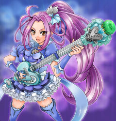 Rule 34 | 1041 (toshikazu), 10s, 1girl, alternate breast size, blue skirt, blue thighhighs, boots, breast rest, breasts, brooch, carried breast rest, carrying, choker, cure beat, dress, eyelashes, frills, guitar, hair ornament, hair ribbon, hairpin, heart, instrument, jewelry, kurokawa eren, long hair, magical girl, precure, purple background, purple hair, ribbon, seiren (suite precure), side ponytail, skirt, smile, solo, suite precure, thigh boots, thighhighs, wrist cuffs, yellow eyes