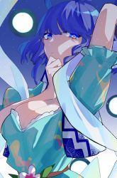 Rule 34 | 1girl, aqua dress, arm behind head, belt, blue eyes, blue hair, breasts, cleavage, danmaku, dress, drill hair, eyes visible through hair, flower, gradient sky, hagoromo, hair rings, hand on own chin, highres, kaku seiga, large breasts, looking at viewer, miko (miko030751), one-hour drawing challenge, open clothes, open vest, parted lips, puffy short sleeves, puffy sleeves, shawl, short sleeves, sky, solo, spell card, star (sky), starry sky, touhou, twilight, upper body, vest, white vest
