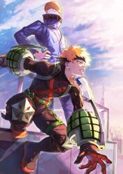 Rule 34 | 2boys, backlighting, bakugou katsuki, bangs pinned back, belt, best jeanist, black footwear, black gloves, black pants, blonde hair, blue eyes, blue pants, blue shirt, blue sky, blue vest, blurry, blurry background, boku no hero academia, boots, buckle, cloud, cloudy sky, colored shoe soles, combat boots, commentary request, covered mouth, day, denim, denim vest, depth of field, diffraction spikes, explosive, eye mask, foot against wall, from side, gloves, grenade, hand on own hip, hand on railing, hand up, headgear, high collar, highres, jeans, kawaharaaisu, knee boots, knee pads, leaning forward, light, long sleeves, looking ahead, male focus, mask, mask on head, multiple boys, on rooftop, orange gloves, outdoors, outstretched arms, pants, parted lips, partial commentary, profile, red eyes, sanpaku, shirt, short hair, sky, snap-fit buckle, spiked hair, squatting, standing, sunlight, teacher and student, vest, x