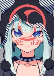 Rule 34 | 1girl, blue eyes, blue hair, collar, ear piercing, earrings, frown, gun, hat, highres, jewelry, knit hat, long hair, looking at viewer, matching hair/eyes, mochizuki kei, original, piercing, solo, spiked collar, spikes, text focus, translated, weapon