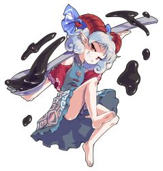 Rule 34 | 1girl, arm up, bare shoulders, barefoot, blue dress, blue ribbon, closed mouth, dairi, dress, earrings, hand up, horns, jewelry, jumping, looking at viewer, off-shoulder dress, off shoulder, pointy ears, red eyes, red sleeves, ribbon, shaded face, sharp teeth, short hair, short sleeves, silver hair, simple background, smile, smug, solo, spoon, teeth, touhou, toutetsu yuuma, transparent background, weapon, white background, wide sleeves