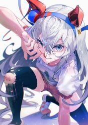 Rule 34 | 1girl, absurdres, angry, animal ears, black thighhighs, blood, blue eyes, blue headband, bruise, grey hair, gym uniform, hair between eyes, hand on ground, headband, highres, horse ears, horse girl, injury, licking lips, long bangs, long hair, looking at viewer, nosebleed, on one knee, otokoe, red shorts, shirt, shoes, short sleeves, shorts, sneakers, solo, sweat, tamamo cross (umamusume), tearing up, thighhighs, tongue, tongue out, torn clothes, torn thighhighs, umamusume, white shirt, wiping blood