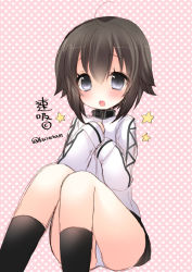 Rule 34 | 10s, 1girl, ahoge, black skirt, blush, brown hair, character name, hayasui (kancolle), jacket, kantai collection, knees together feet apart, long sleeves, looking at viewer, miniskirt, open mouth, panties, pantyshot, pleated skirt, pocopoco, short hair, grey eyes, sitting, skirt, sleeves past wrists, solo, star (symbol), starry background, track jacket, turtleneck, twitter username, underwear, white panties