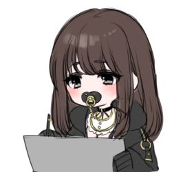 Rule 34 | 1girl, black eyes, blush, brown hair, chain, choker, commentary request, drawing tablet, lowres, mamaloni, original, pacifier, self-portrait, simple background, sketch, sleeves past fingers, sleeves past wrists, solo, white background