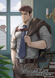 Rule 34 | 1boy, absurdres, akunaakun (kunkun586586), bara, brown hair, candlestand, collared shirt, earrings, feet out of frame, highres, indoors, jacket, jacket on shoulders, jewelry, large pectorals, long sideburns, looking at viewer, male focus, mature male, multicolored hair, multiple earrings, muscular, muscular male, necktie, original, pectorals, raised eyebrow, seductive smile, shirt, short hair, sideburns, sleeves rolled up, smile, solo, thick eyebrows, two-tone hair, window