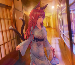 Rule 34 | 1girl, absurdres, alternate costume, alternate hairstyle, animal ear fluff, animal ears, bag, breasts, cat ears, cat tail, extra ears, feet out of frame, hair down, highres, holding, holding bag, indoors, kaenbyou rin, kiritanpo117, long hair, long sleeves, medium breasts, multiple tails, nekomata, photo background, pointy ears, red eyes, red hair, solo, standing, tail, touhou, two tails, very long hair