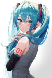 Rule 34 | 1girl, aqua eyes, aqua hair, arm tattoo, bare shoulders, bib (bibboss39), black sleeves, blouse, blue eyes, blue hair, blue nails, blush, breasts, character name, closed mouth, detached sleeves, from side, grey shirt, hair between eyes, hair ornament, hand up, hatsune miku, highres, long hair, long sleeves, looking at viewer, looking to the side, medium breasts, nail polish, number tattoo, shirt, shoulder tattoo, sleeveless, sleeveless shirt, small breasts, smile, solo, tattoo, twintails, upper body, vocaloid