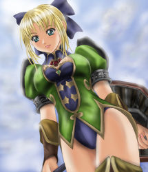 Rule 34 | 1041 (toshikazu), 1girl, alternate costume, blonde hair, blue eyes, bow, breasts, cassandra alexandra, cleavage, gloves, green eyes, hair bow, hair ribbon, lowres, ribbon, shield, solo, soul calibur, soulcalibur, soulcalibur ii, thighhighs, thighs