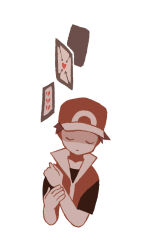 Rule 34 | 1boy, black shirt, brown hair, card, closed eyes, commentary request, creatures (company), facing viewer, game freak, hat, male focus, milkpeachi, nintendo, pokemon, pokemon frlg, red (pokemon), red hat, red vest, shirt, short hair, short sleeves, solo, t-shirt, upper body, vest