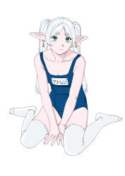 Rule 34 | 1girl, blue one-piece swimsuit, breasts, collarbone, dangle earrings, drop earrings, earrings, elf, frieren, green eyes, highres, jewelry, long hair, looking at viewer, name tag, ojipon, old school swimsuit, one-piece swimsuit, parted bangs, pointy ears, school swimsuit, sitting, small breasts, solo, sousou no frieren, swimsuit, thick eyebrows, thighhighs, twintails, wariza, white hair, white thighhighs
