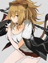 Rule 34 | 1girl, arknights, black collar, black jacket, black nails, blonde hair, breasts, brown eyes, brown hair, candy, cleavage, collar, collarbone, cowboy shot, food, fur-trimmed jacket, fur-trimmed shorts, fur trim, grey background, hair between eyes, hand up, highres, holding, holding weapon, jacket, jacket on shoulders, large breasts, leather, leather jacket, lollipop, long hair, looking at viewer, mouth hold, nail polish, open clothes, open jacket, ponytail, red shorts, shiduki eku, shirt, shorts, siege (arknights), simple background, solo, studded collar, v, war hammer, weapon, weapon behind back, white shirt
