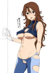 Rule 34 | 00s, 1girl, arm behind back, bad id, bad pixiv id, blush, breasts, brown eyes, brown hair, cleavage cutout, clothing cutout, covered erect nipples, crop top, crotchless, female focus, female pubic hair, gloves, groin, gundam, gundam 00, ichihisa, large breasts, long hair, looking at viewer, navel, pubic hair, pussy, revealing clothes, smile, solo, standing, sumeragi lee noriega, translated, uncensored, underboob, white gloves