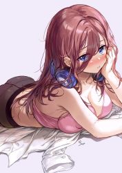 Rule 34 | 1girl, :t, ass, black pantyhose, blue eyes, blush, bra, breasts, butt crack, cleavage, commentary request, cowboy shot, eyes visible through hair, go-toubun no hanayome, hair between eyes, hand on own cheek, hand on own face, head rest, headphones, headphones around neck, highres, large breasts, long hair, looking at viewer, lying, nakano miku, on stomach, panties, panties under pantyhose, pantyhose, pink bra, pink panties, red eyes, saya (mychristian2), shirt, unworn shirt, signature, solo, underwear, white background, white shirt