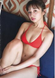 Rule 34 | 1girl, bikini, indoors, komiya arisa, looking at viewer, magazine scan, photo (medium), red bikini, scan, sitting, swimsuit, voice actor
