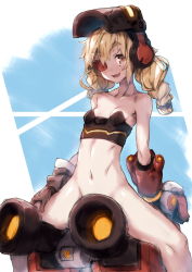 Rule 34 | 1girl, blonde hair, bottomless, braid, breasts, brown eyes, brown gloves, eyebrows, eyepatch, genderswap, genderswap (mtf), gloves, hair tie, hand on thigh, long hair, looking at viewer, machinery, mask, mask on head, navel, one eye covered, overwatch, overwatch 1, redcomet, revision, sitting, sketch, small breasts, solo, spread legs, stomach, straddling, strapless, thick eyebrows, torbjorn (overwatch), tube top, turret, twin braids, upright straddle, welding mask