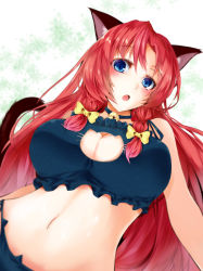 Rule 34 | 1girl, animal ears, bare shoulders, bed sheet, bell, blue eyes, blush, braid, breasts, cat cutout, cat ears, cat lingerie, cat tail, cleavage, cleavage cutout, clothing cutout, hair ribbon, hong meiling, jingle bell, kemonomimi mode, large breasts, long hair, looking at viewer, lying, meme attire, navel, on back, open mouth, red hair, ribbon, ryuushou, solo, tail, touhou, twin braids