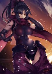 Rule 34 | 1girl, architecture, black hair, bow, breasts, closed mouth, cloud, commentary request, covered navel, east asian architecture, facing viewer, fate/grand order, fate (series), genyaky, gloves, hair bow, joints, katou danzou (fate), large breasts, long hair, looking at viewer, mecha musume, outdoors, ponytail, red scarf, robot joints, scarf, skin tight, sky, solo, standing, yellow eyes