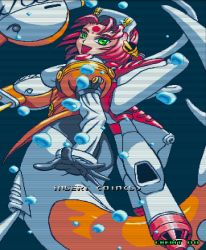 Rule 34 | 1990s (style), 1girl, ass, back, bodysuit, fins, from behind, green eyes, headdress, long sleeves, looking at viewer, looking back, mermaid, monster girl, neo geo, open mouth, pilot suit, red hair, retro artstyle, snk, solo, underwater, water