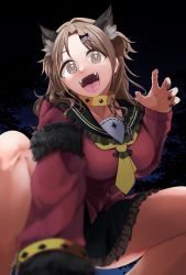 Rule 34 | 1girl, animal collar, animal ears, black nails, blurry, blurry foreground, brown eyes, brown hair, cardigan, collar, commentary request, depth of field, dog ears, fangs, from below, hair ornament, hairclip, highres, ichikawa hinana, idolmaster, idolmaster shiny colors, long hair, looking at viewer, nail polish, night, red cardigan, sailor collar, solo, squatting, thighs, yanokake