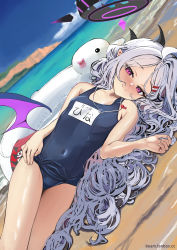 Rule 34 | 1girl, blue archive, chen bingyou, curly hair, day, dutch angle, highres, hina (blue archive), long hair, looking at viewer, lying, on side, one-piece swimsuit, solo, swimsuit, thighs