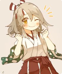 Rule 34 | 10s, 1girl, artist name, blush, brown eyes, clenched hands, closed mouth, collarbone, commentary, cowboy shot, hachimaki, hair between eyes, headband, high ponytail, ina (1813576), japanese clothes, kantai collection, light brown hair, long hair, long sleeves, looking at viewer, one eye closed, shorts, simple background, smile, solo, wide sleeves, zuihou (kancolle)