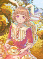 Rule 34 | 1girl, animal ears, blunt bangs, chair, cookie, cup, day, flower, food, garden, hair flower, hair ornament, highres, holding, holding cup, light smile, looking at viewer, original, outdoors, purple eyes, rabbit ears, saucer, short hair, solo, table, tea, tea party, teacup, teapot, yato (alphonse59)