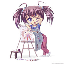 Rule 34 | apron, atomix, easel, messy, paint, paintbrush, painting (action), palette (object), purple eyes, twintails