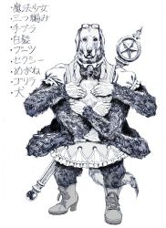 Rule 34 | animal ears, boots, bow, bowtie, braid, cross-laced footwear, dog ears, dog tail, extra arms, eyewear on head, full body, graphite (medium), highres, lace-up boots, looking at viewer, md5 mismatch, nobita (makoto7060355), original, pleated skirt, resized, skirt, star (symbol), tail, too literal, traditional media, twin braids, white background