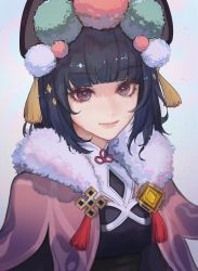 Rule 34 | 1girl, absurdres, black hair, blunt bangs, breasts, capelet, commentary, dress, english commentary, fur-trimmed capelet, fur trim, genshin impact, hat, highres, lips, lolita fashion, long hair, looking at viewer, lyrah, medium breasts, pink capelet, pom pom (clothes), qi lolita, red eyes, simple background, smile, solo, upper body, vision (genshin impact), yun jin (genshin impact)