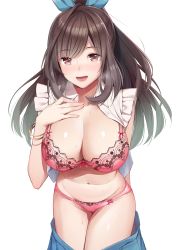 Rule 34 | 1girl, blue bow, blue skirt, blush, bow, bra, bracelet, breasts, brown eyes, brown hair, cleavage, clothes pull, commentary request, frills, hair bow, hand on own chest, hip focus, idolmaster, idolmaster shiny colors, jewelry, large breasts, long hair, looking at viewer, navel, open clothes, open mouth, open shirt, panties, pink bra, pink panties, ponytail, shirt, simple background, skirt, skirt pull, smile, solo, swept bangs, thighs, tsukioka kogane, umihotaru harumare, underwear, white background, white shirt