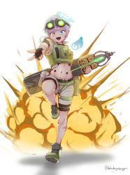 Rule 34 | :d, absurdres, amemiya nazuna, apex legends, balisong, black gloves, blue eyes, butterfly knife (apex legends), cable, cosplay, cropped vest, explosion, fingerless gloves, gloves, goggles, goggles on head, green footwear, green shorts, green vest, grey hair, heterochromia, highres, holding, holding knife, huge weapon, knife, looking down, octane (apex legends), octane (apex legends) (cosplay), open mouth, pink eyes, pouch, shadow, shorts, simple background, smile, thigh strap, twitter username, uncleduk, v, vest, virtual youtuber, vshojo, weapon, white background