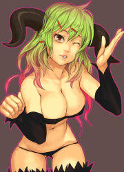 Rule 34 | 1girl, ahoge, bad id, bad pixiv id, bare shoulders, black thighhighs, breasts, brown eyes, cleavage, cowboy shot, demon girl, detached sleeves, green hair, grey background, hair ornament, hairclip, horns, large breasts, long hair, navel, one eye closed, original, outline, panties, parted lips, pink outline, simple background, solo, thighhighs, underwear, wink, yuuji (and)