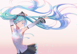 Rule 34 | 1girl, absurdly long hair, aqua eyes, aqua hair, aqua nails, aqua ribbon, arms up, bare shoulders, black skirt, blouse, commentary, detached sleeves, floating hair, hair ornament, hatsune miku, hatsune miku (nt), head tilt, headphones, highres, koichame, layered sleeves, leaning forward, long hair, looking at viewer, miniskirt, nail polish, neck ribbon, outstretched arms, piapro, pink background, pleated skirt, ribbon, see-through, see-through sleeves, shirt, shoulder tattoo, skirt, sleeveless, sleeveless shirt, smile, solo, tattoo, twintails, upper body, very long hair, vocaloid, white shirt, white sleeves