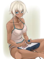 Rule 34 | 1girl, anklet, arcade stick, bare arms, bare legs, barefoot, blue eyes, blush, breasts, camisole, cleavage, collarbone, colored eyelashes, controller, covered erect nipples, dark-skinned female, dark skin, female focus, game controller, grey background, indian style, jewelry, joystick, large breasts, looking at viewer, original, panties, parted lips, playing games, sengoku aky, short hair, silver hair, simple background, sitting, solo, underwear, underwear only