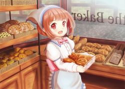 Rule 34 | 1girl, :d, apron, bakery, basket, blush, bow, bread, bread slice, brown hair, collared shirt, commentary request, day, food, frilled skirt, frills, head scarf, holding, holding basket, indoors, juliet sleeves, loaf of bread, long sleeves, looking at viewer, masaki mao, open mouth, original, pink bow, puffy sleeves, red eyes, sailor collar, sailor shirt, shirt, shop, short hair, skirt, smile, solo, standing, suspender skirt, suspenders, white shirt, white skirt, window