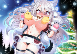 Rule 34 | 1girl, animal ear fluff, animal ears, animal hands, azur lane, black panties, blush, bow, braid, breasts, capelet, christmas, christmas tree, cleavage, cloud, convenient censoring, cowbell, dog ears, embarrassed, fang, gloves, grey hair, hair bow, highres, kei fukamiki, large breasts, long hair, manjuu (azur lane), midriff, open mouth, panties, panty peek, paw gloves, paw pose, red eyes, red skirt, single braid, skindentation, skirt, smile, solo, standing, stomach, suspender skirt, suspenders, thick eyebrows, thigh strap, thighhighs, two side up, underboob, underwear, very long hair, wardrobe malfunction, white bow, white thighhighs, yuudachi (azur lane), yuudachi (woofy floofy christmas night) (azur lane)