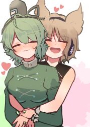 Rule 34 | 2girls, absurdres, black headwear, blush, brown hair, closed eyes, closed mouth, commentary request, dress, earmuffs, green dress, green hair, hat, heart, highres, jewelry, long sleeves, multiple girls, open mouth, pointy hair, ring, soga no tojiko, takana (forsterite), tate eboshi, touhou, toyosatomimi no miko, upper body, variant set, yuri